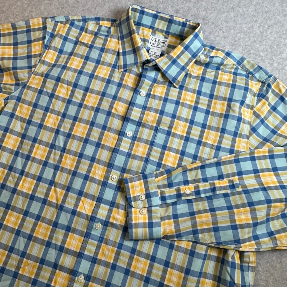 LL Bean Traditional Fit Mens Large Plaid Button Down Shirt Blue Yellow 519207